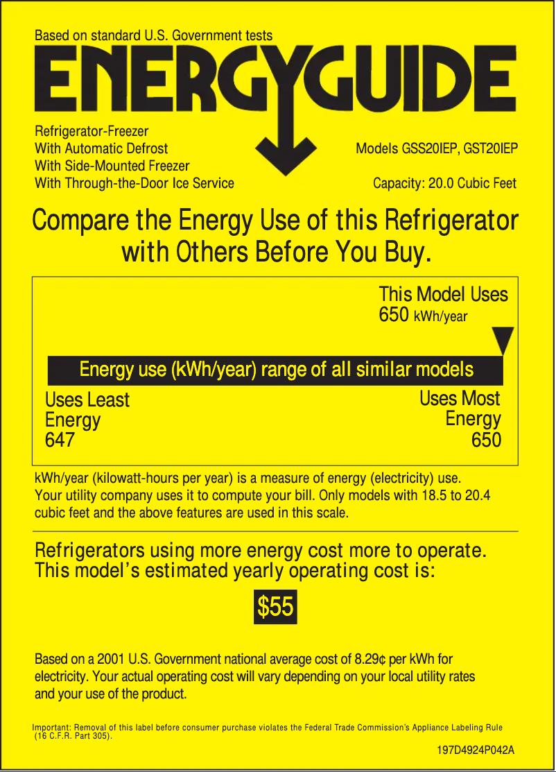 Page n°1 - Label énergétique GE GSS20IEPWH