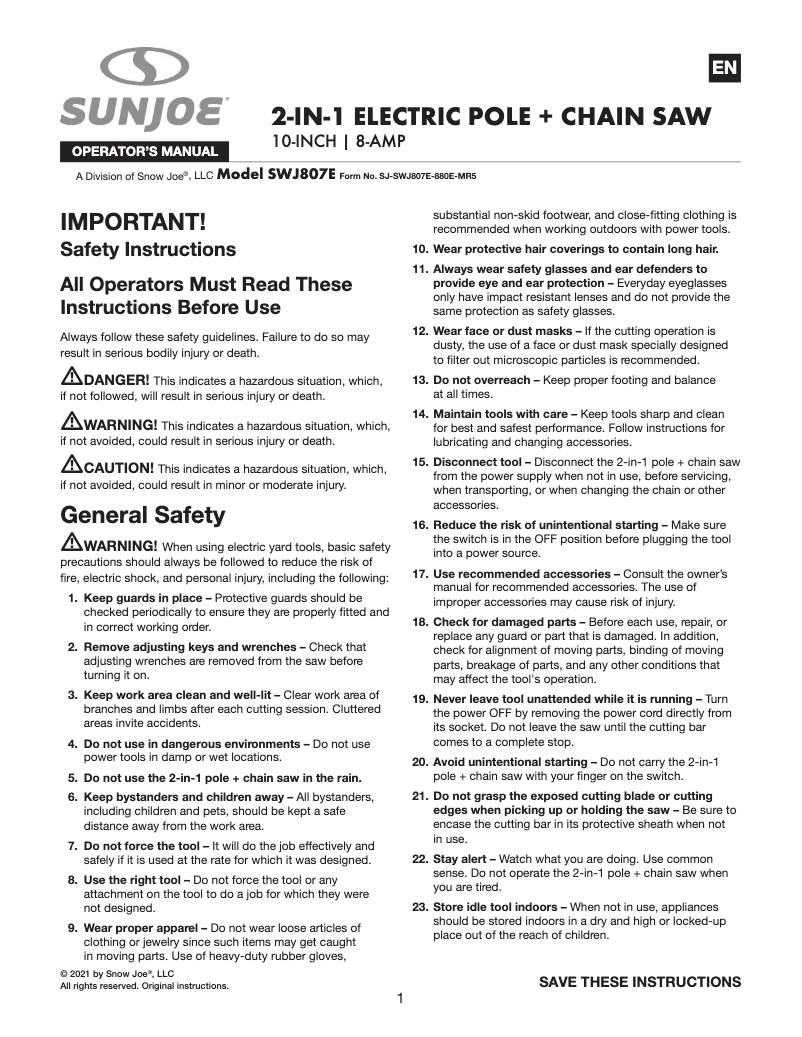 Page 1 de la notice Manuel utilisateur Sun Joe SWJ807E