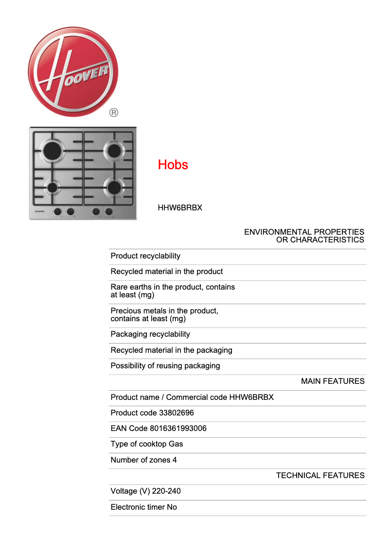 Page 1 de la notice Fiche technique Hoover HHW6BRBX