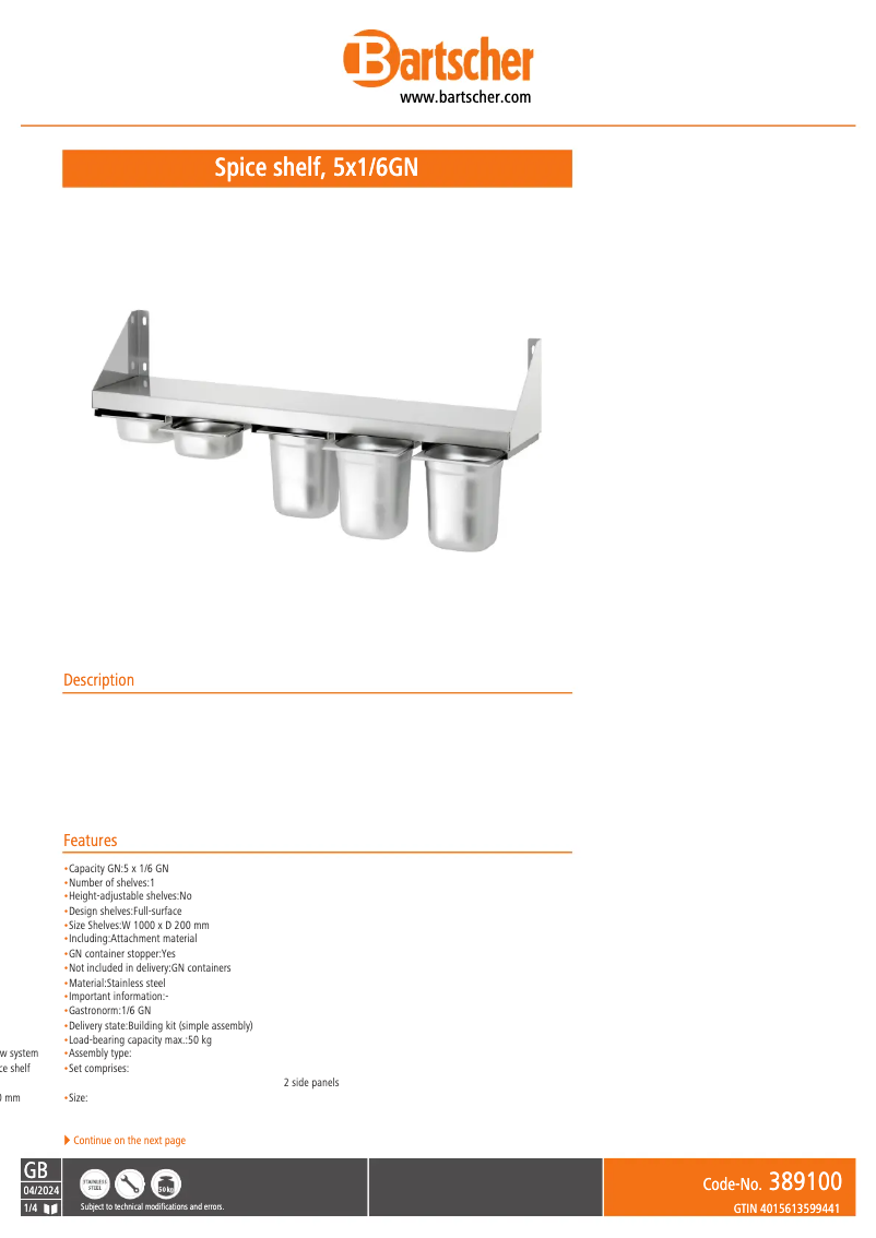 Página 1 del manual Manual de usuario Bartscher 389100
