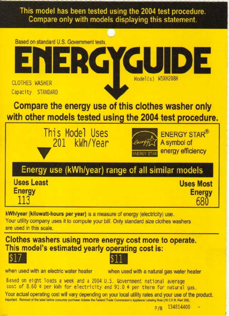 Página 1 del manual Etiqueta energética GE WSXH208HWW