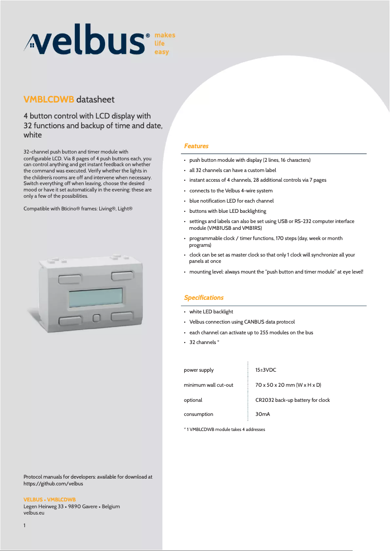 Page n°1 - Fiche technique Velbus VMBLCDWB
