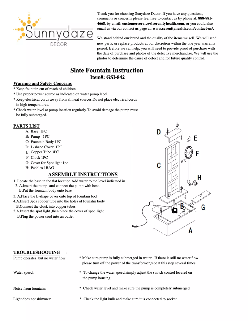Page n°1 - Manuel utilisateur Sunnydaze Decor GSI-842
