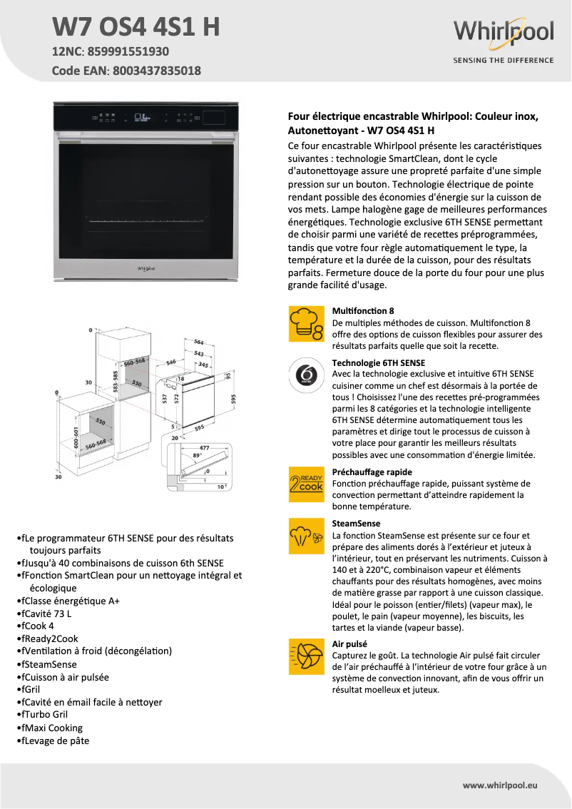 Page 1 de la notice Fiche technique Whirlpool W7 OS4 4S1 H