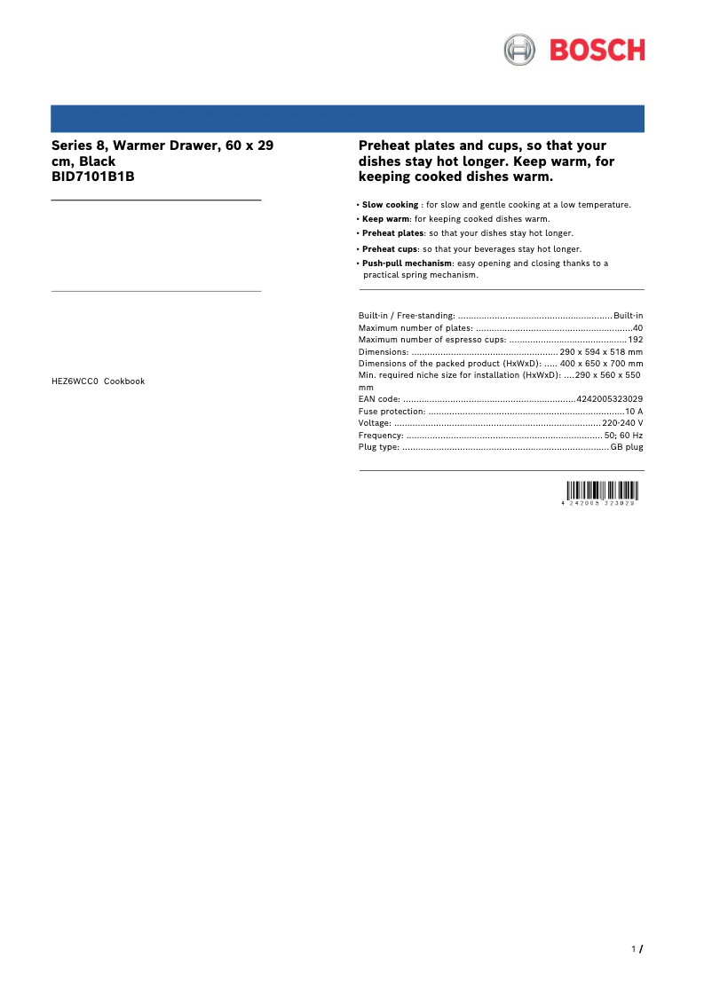 Page 1 of the manual Technical Sheet Bosch BID7101B1B