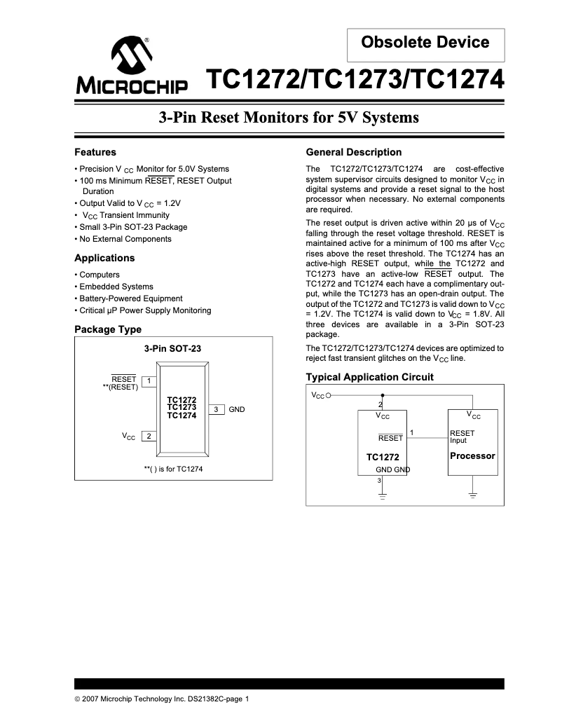 Page 1 de la notice Fiche technique Microchip TC1273