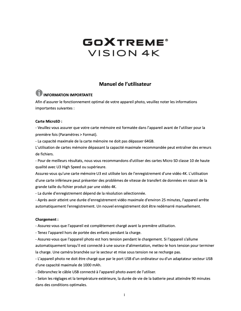 Page 1 de la notice Manuel utilisateur GoXtreme Vision 4K