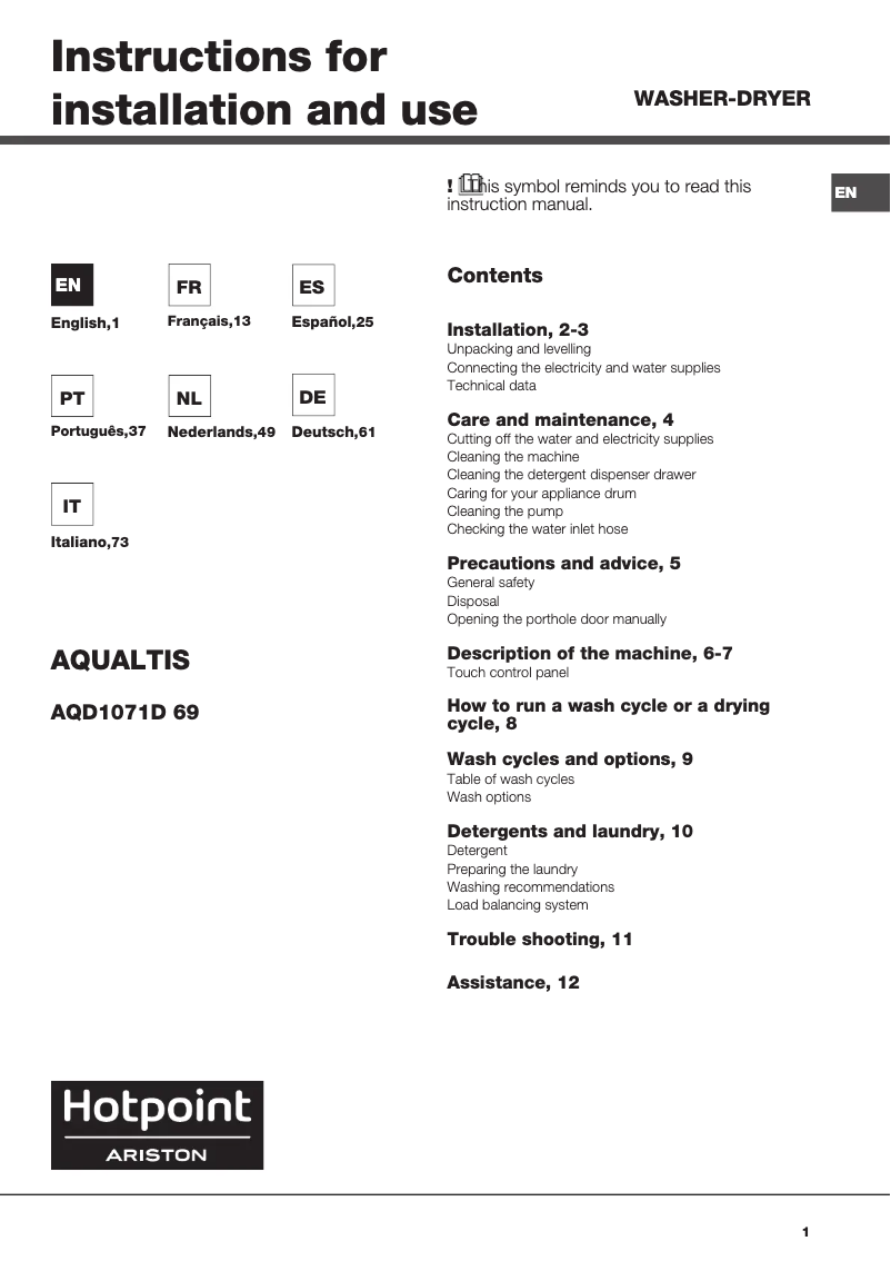 Page 1 de la notice Manuel utilisateur Hotpoint Ariston AQD1071D 69 EU/A