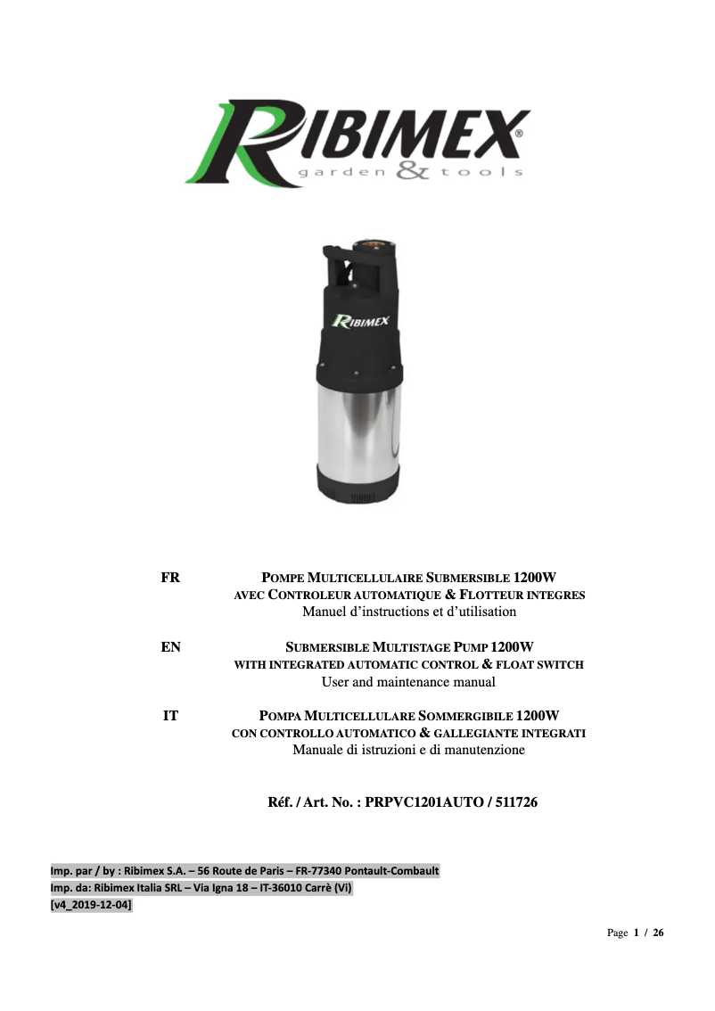 Page 1 de la notice Manuel utilisateur Ribimex PRPVC1201AUTO