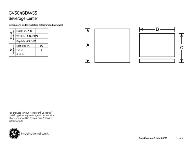 Page 1 de la notice Fiche technique GE GVS04BDWSS