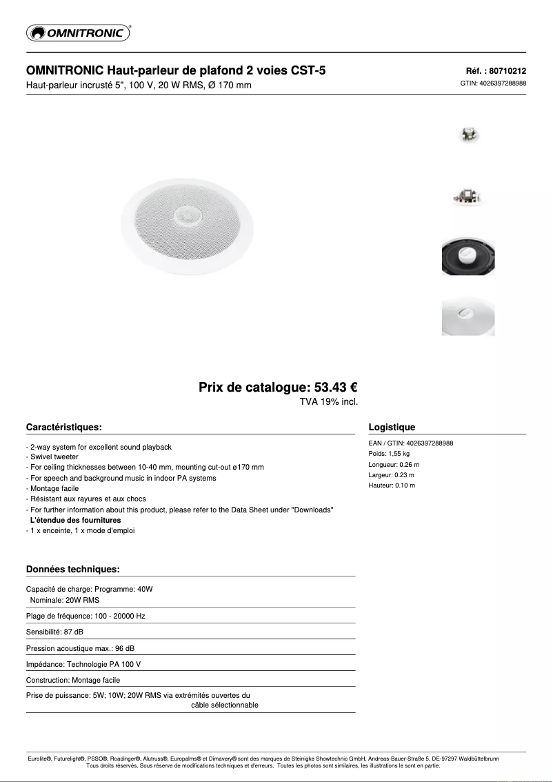 Page n°1 - Fiche technique Omnitronic CST-5