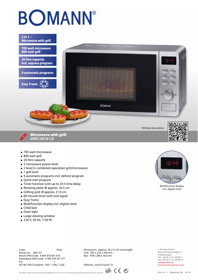 Page 1 de la notice Fiche technique Bomann MWG 6016 CB