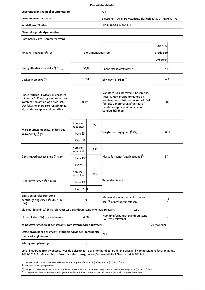 Page 1 de la notice Fiche technique AEG LR744P94G