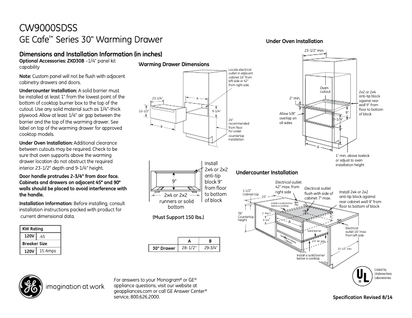 Page 1 of the manual Technical Sheet GE Café CW9000SDSS
