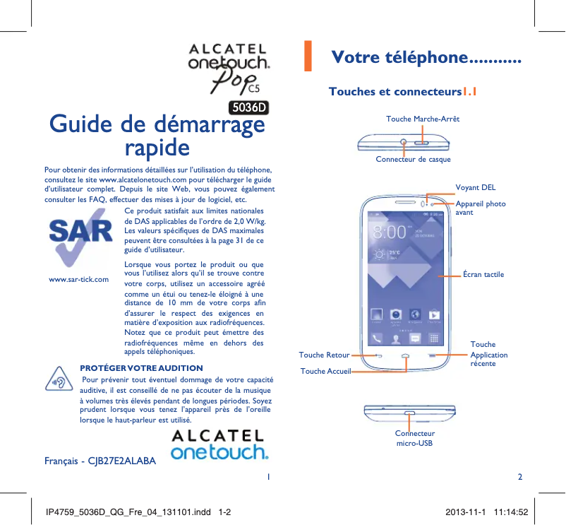 Page 1 de la notice Manuel utilisateur Alcatel One Touch POP C5