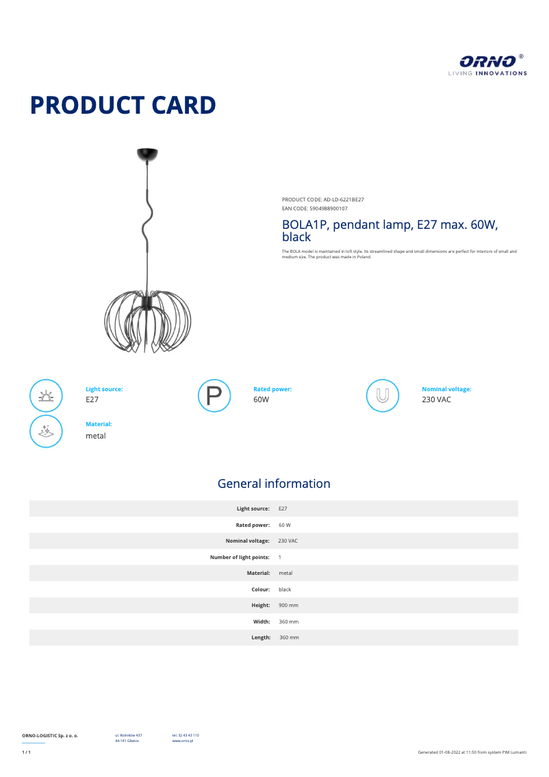 Page n°1 - Fiche technique Adviti AD-LD-6221BE27