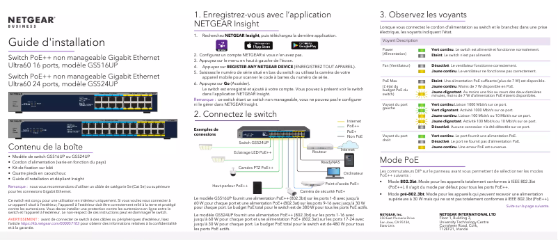 Page n°1 - Guide d'installation Netgear GS516UP