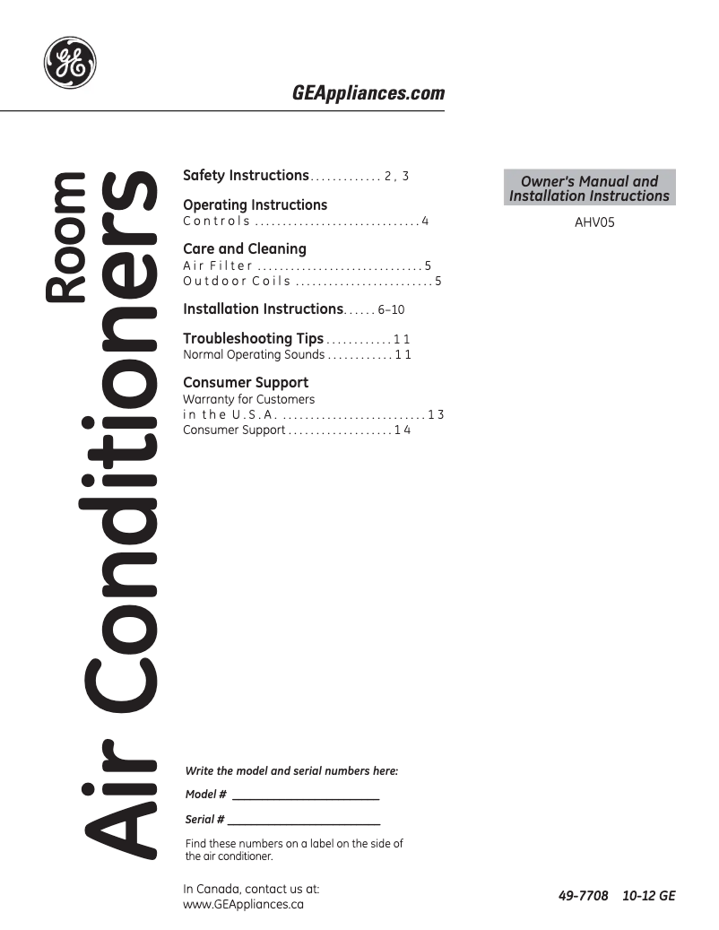 First page image of the manual for AHV05LR