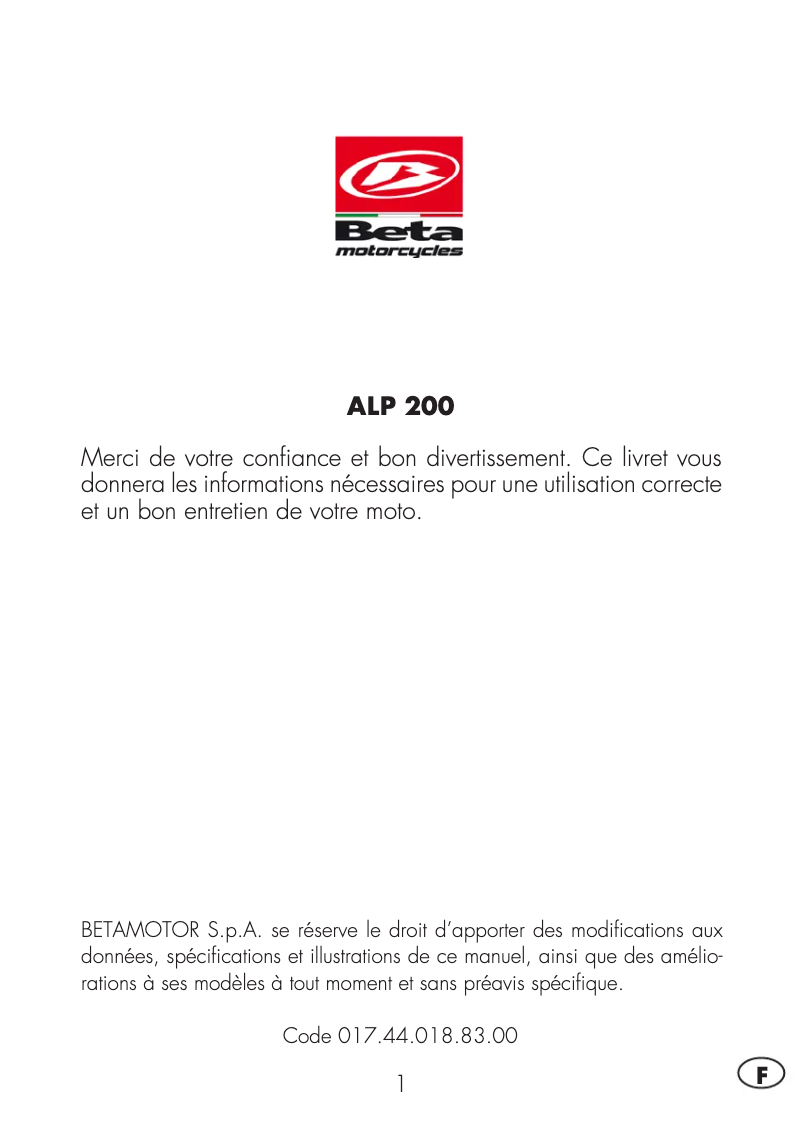 Page 1 de la notice Manuel utilisateur Beta Alp 200 (2022)