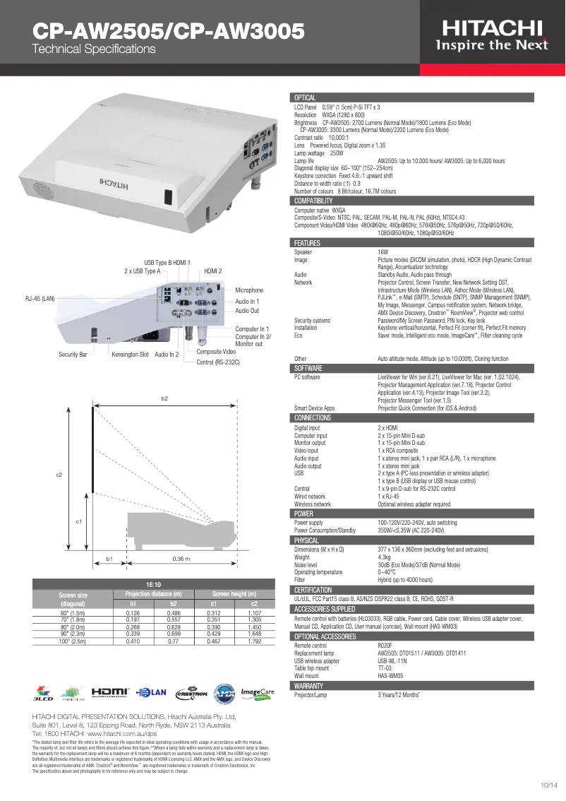Page 1 de la notice Fiche technique Hitachi CP-AW2505