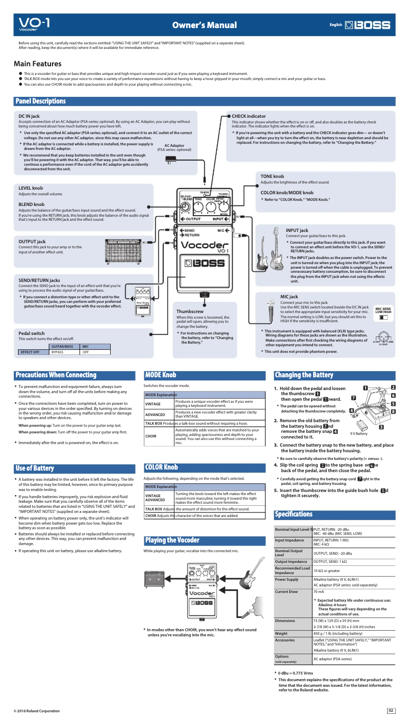 Page n°1 - Manuel utilisateur Boss VO-1