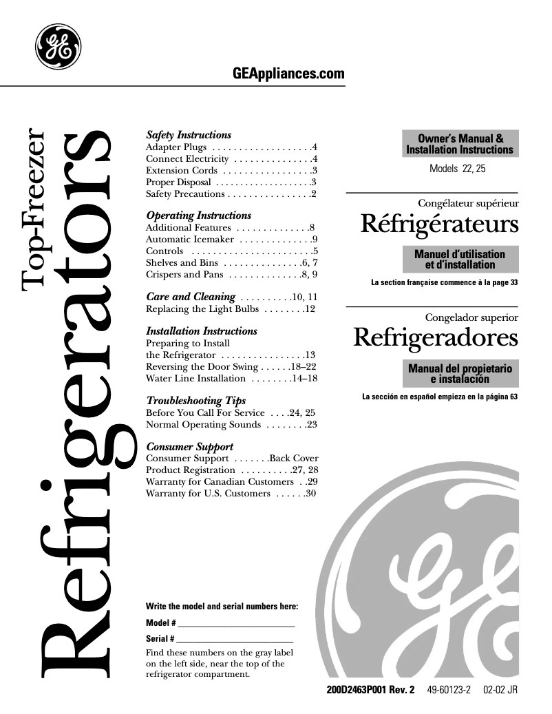 Page n°1 - Mode d'emploi GE PTS22SBNBS