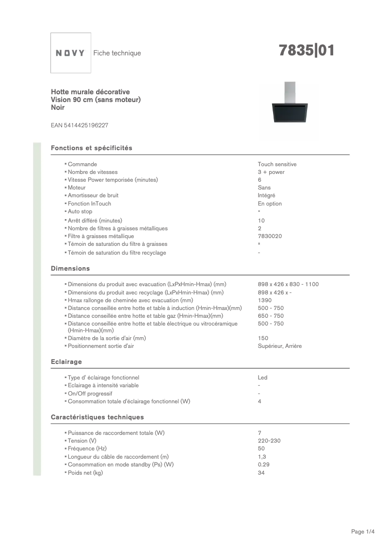 Page n°1 - Fiche technique Novy Vision 7835