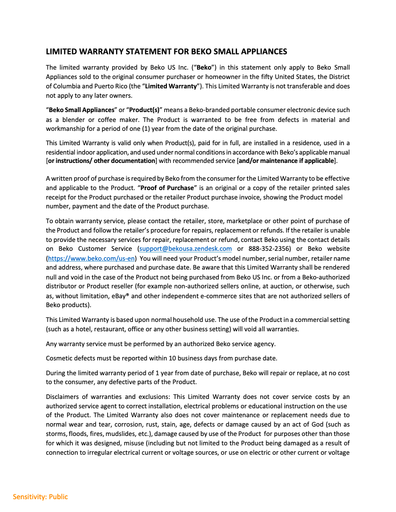 Page 1 de la notice Informations de garantie Beko BKK 2300