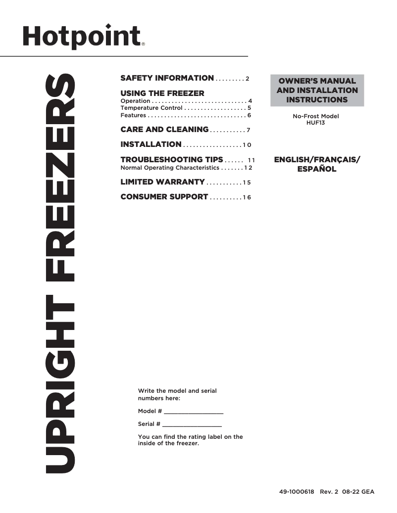Page 1 de la notice Guide d'installation Hotpoint HUF13LTRWW