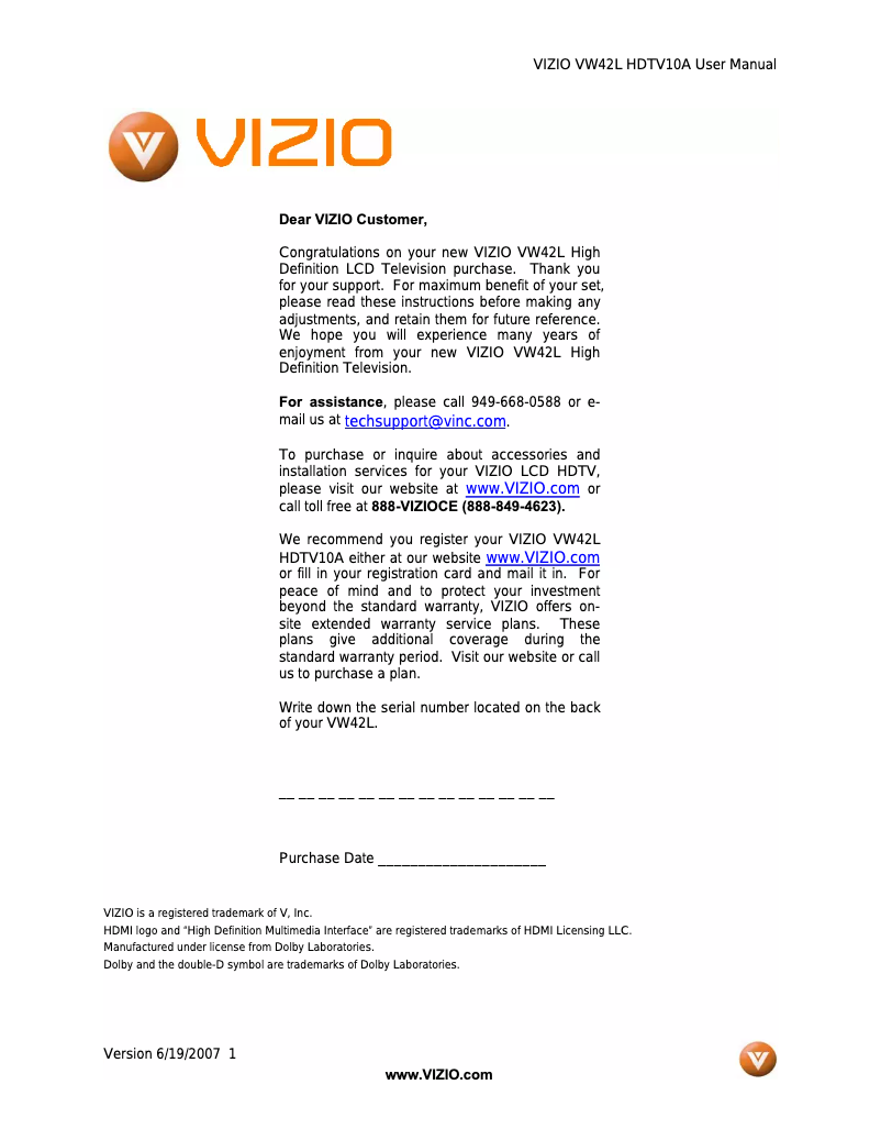 Page n°1 - Manuel utilisateur VIZIO VW42L