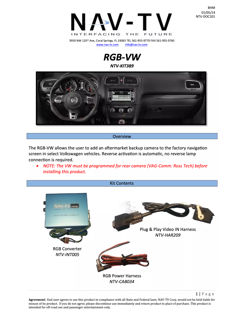 Page n°1 - Manuel utilisateur NAV-TV NTV-KIT389