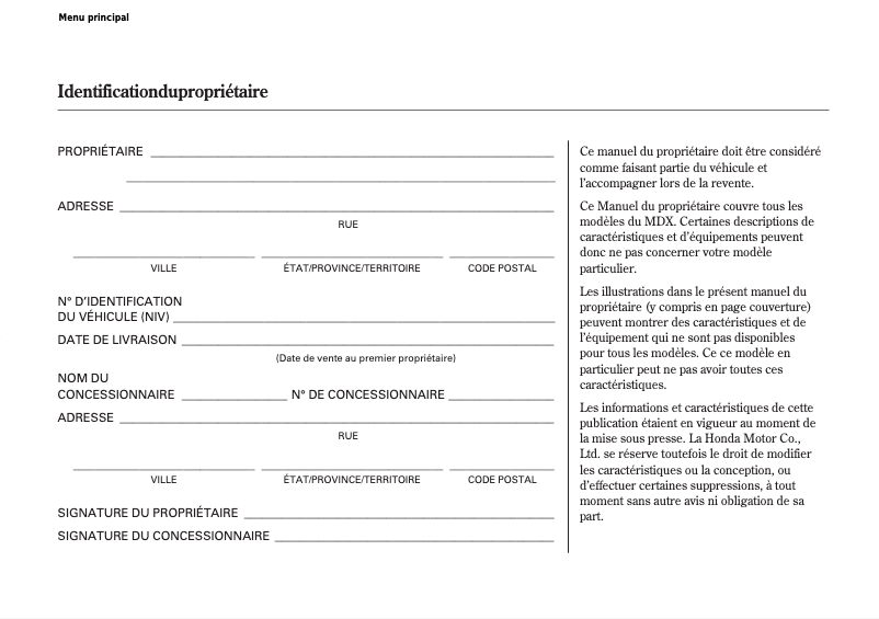 Page 1 de la notice Manuel utilisateur Acura MDX (2011)