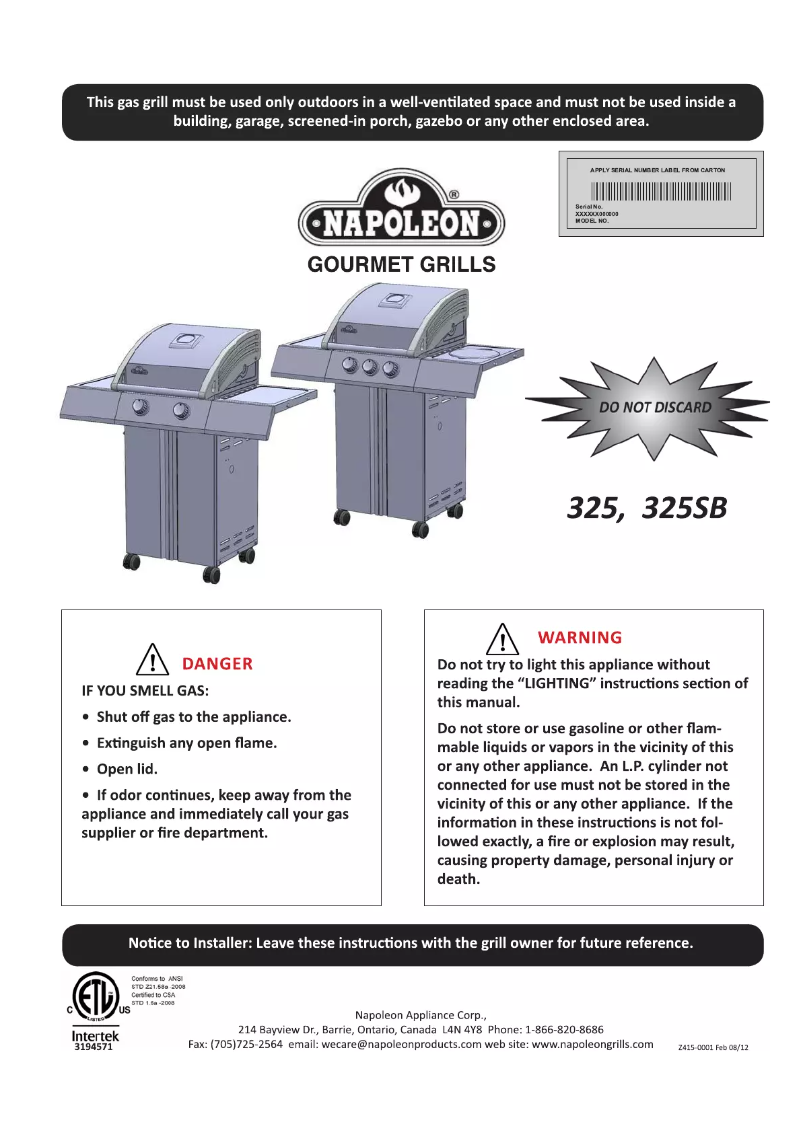 Page 1 de la notice Manuel utilisateur Napoleon SE 325