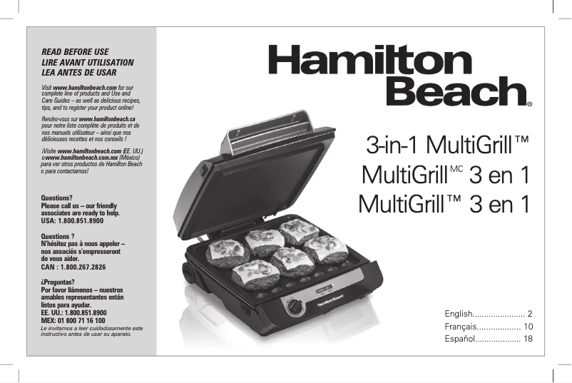 Page 1 de la notice Manuel utilisateur Hamilton Beach MultiGrill 25600