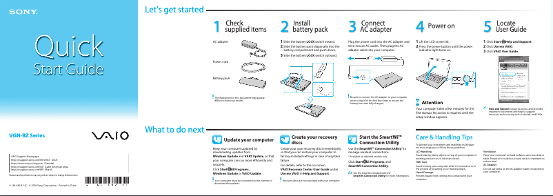 Page n°1 - Guide d'installation Sony Vaio VGN-BZ540N