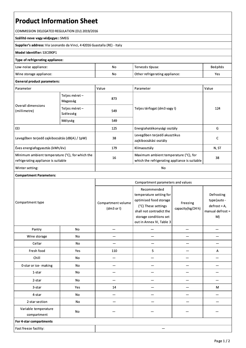 Page 1 de la notice Fiche technique Smeg S3C090P1
