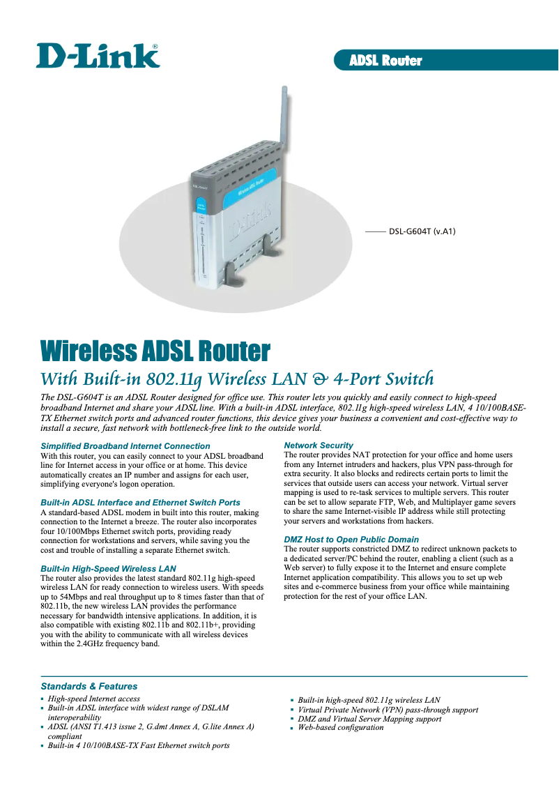 Page 1 de la notice Fiche technique D-Link DSL-G604T