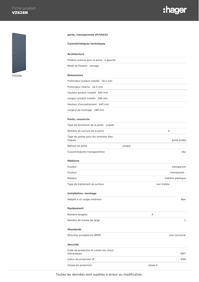 Page n°1 - Fiche technique Hager VZ626N