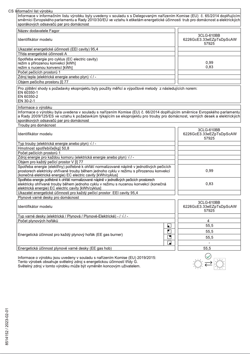 Page 1 de la notice Fiche technique Fagor 3CLG-610BB