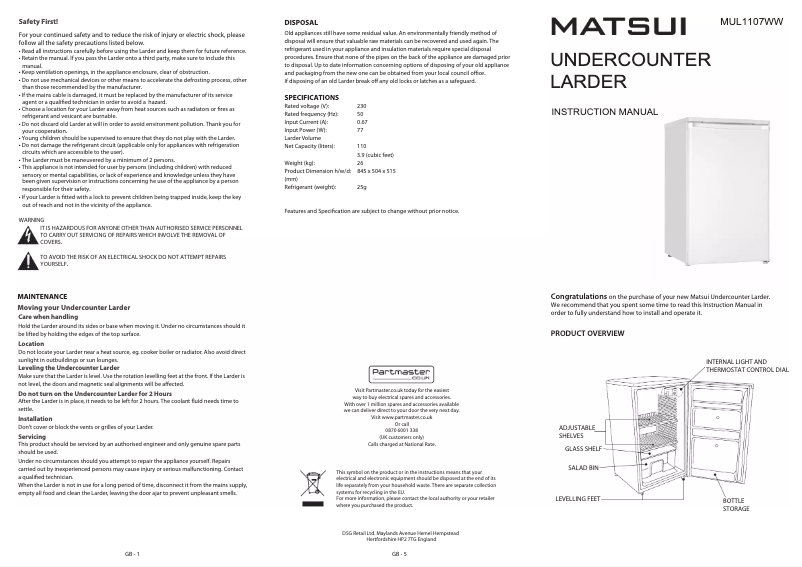 Page 1 de la notice Manuel utilisateur Matsui MUL1107WW