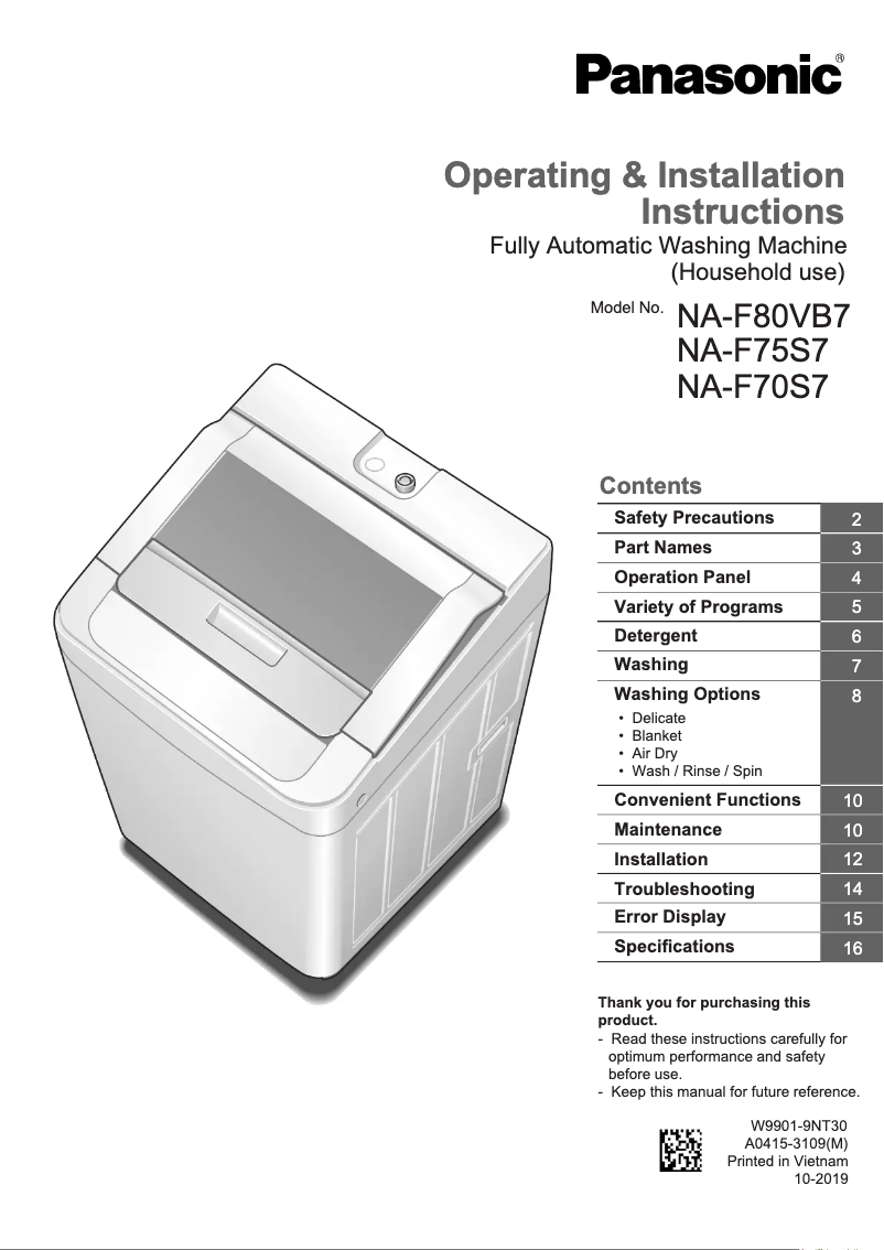 Page n°1 - Manuel utilisateur Panasonic NA-F80VB7