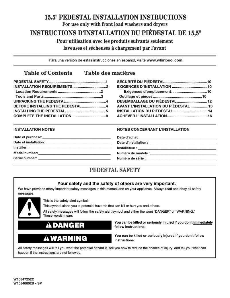 Page 1 de la notice Guide d'installation Whirlpool WFP2715HC