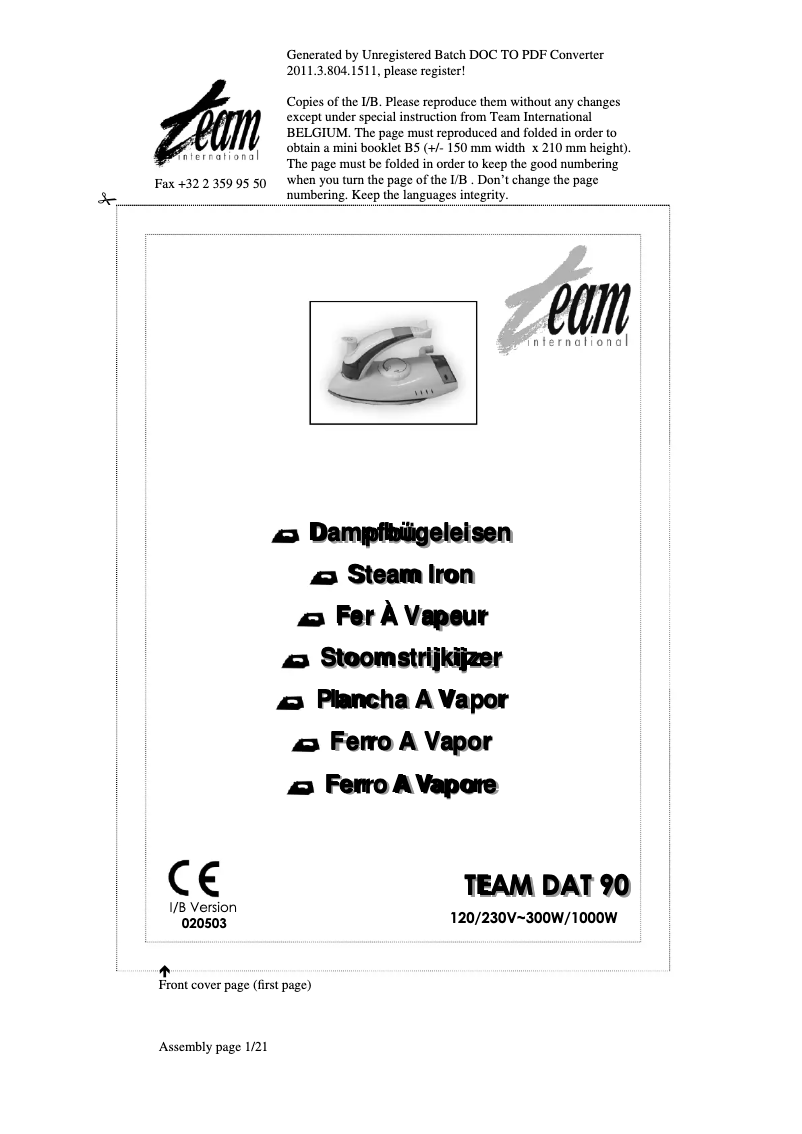 Page 1 de la notice Manuel utilisateur Team DAT 90