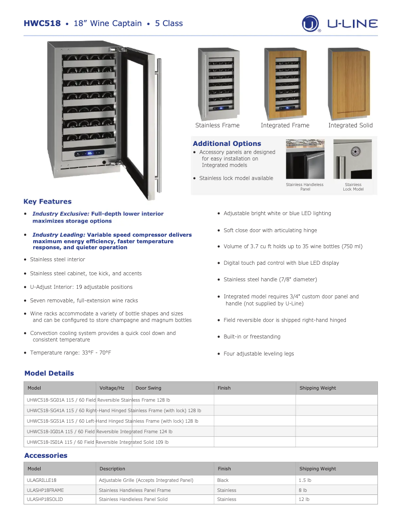 Page n°1 - Fiche technique U-Line UHWC518-SG41A