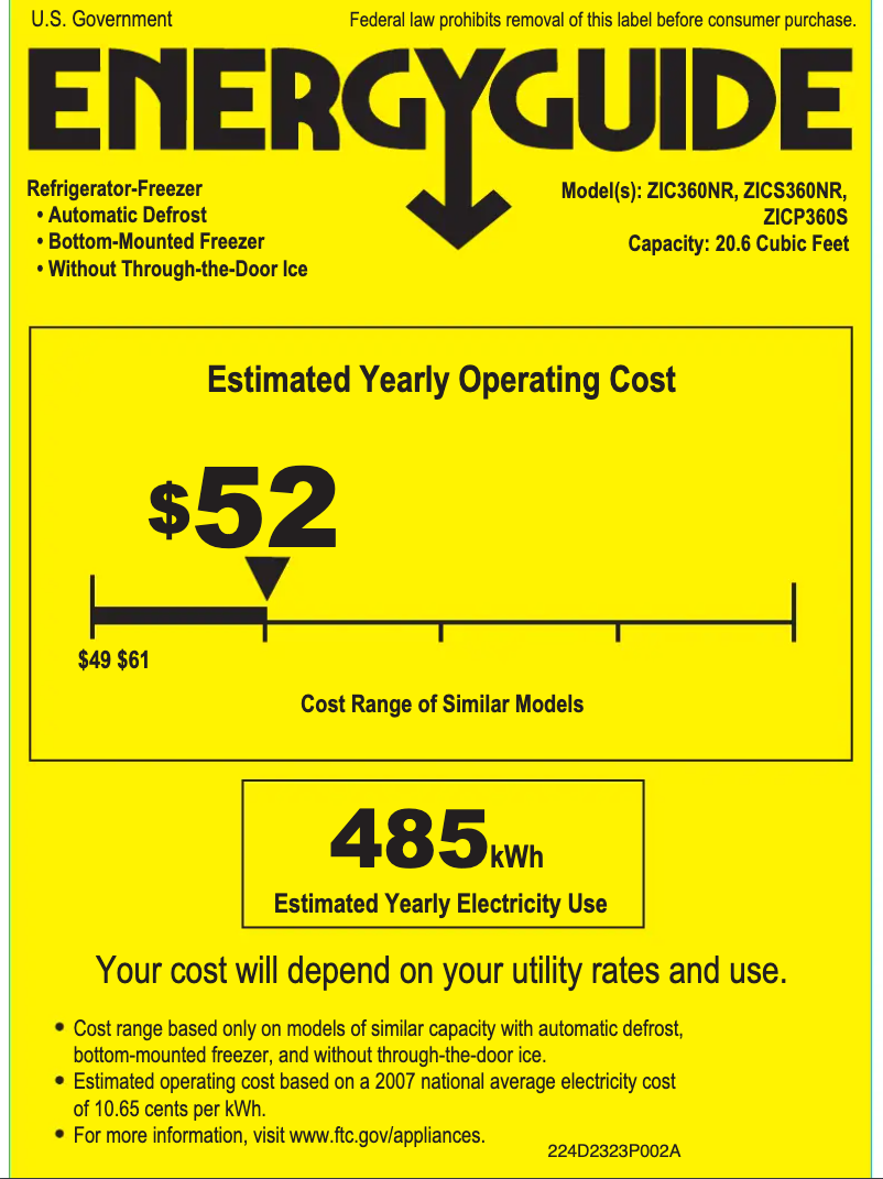 Page 1 de la notice Label énergétique GE ZICP360SLSS