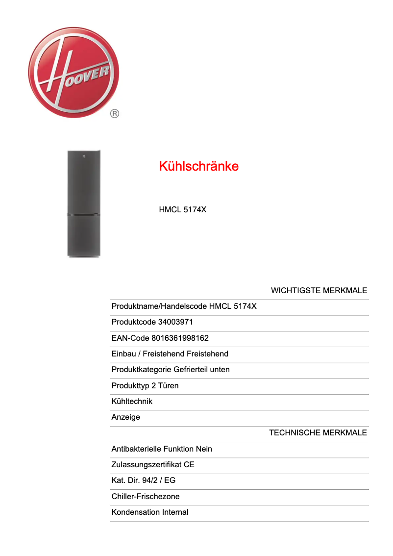 Página 1 del manual Ficha técnica Hoover H-FRIDGE 300 HMCL 5172BWDK