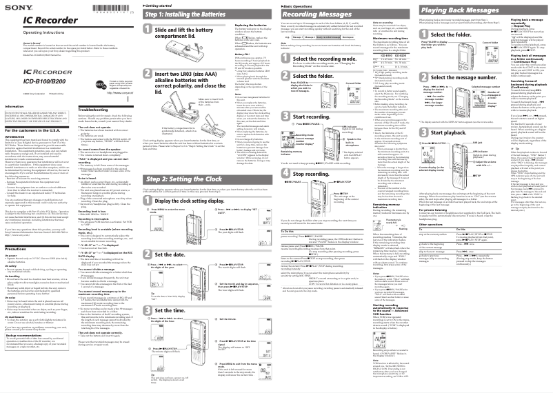 Page 1 de la notice Manuel utilisateur Sony ICD-B200RS