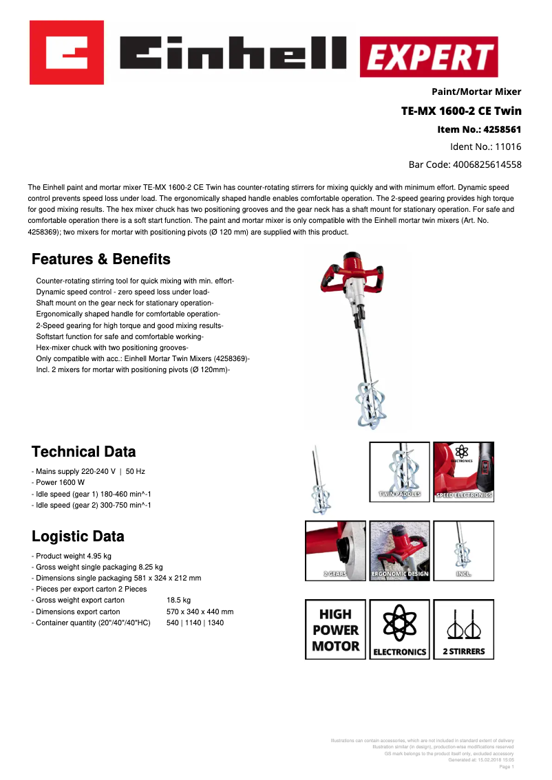 Page n°1 - Fiche technique Einhell TE-MX 1600-2 CE Twin