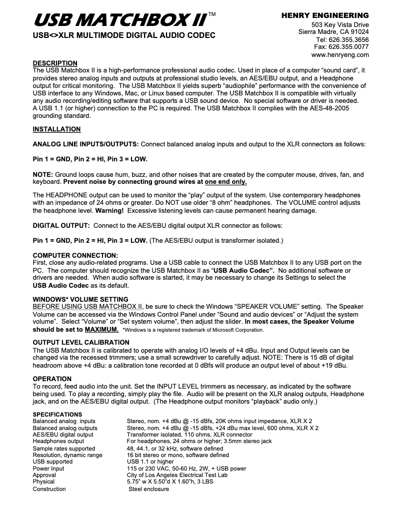 Page n°1 - Manuel utilisateur Henry Engineering USB Matchbox II
