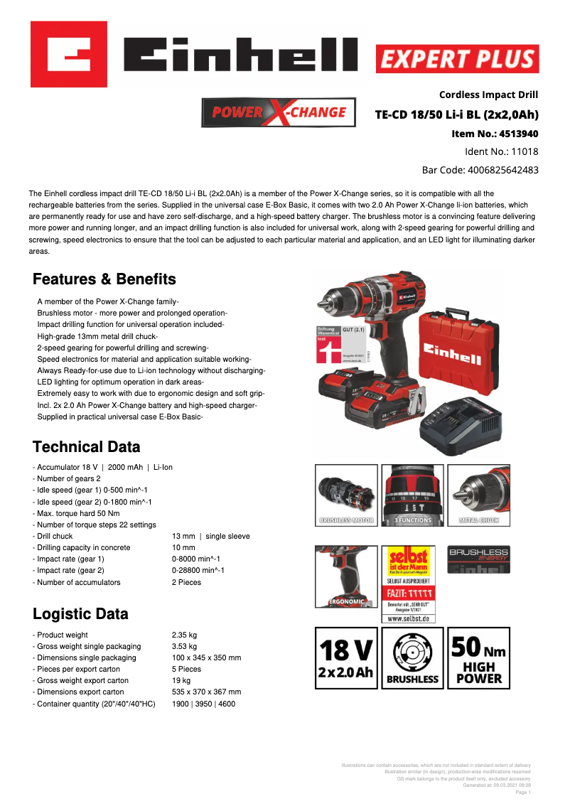 Page 1 de la notice Fiche technique Einhell TE-CD 18/50 Li-i BL